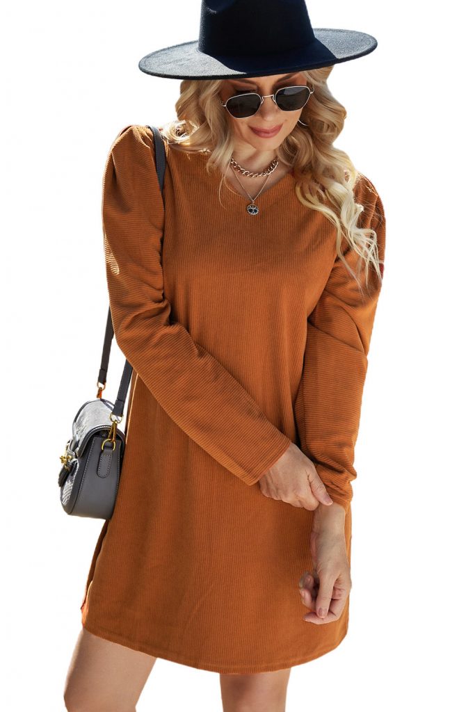 Brown Long Puff Sleeve Ribbed Mini Dress