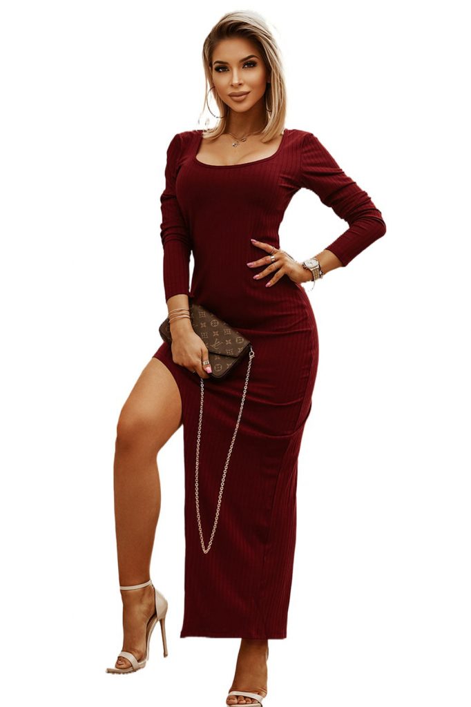 Burgundy Scoop Neck Long Sleeve Rib Knit Bodycon Evening Dress With Split