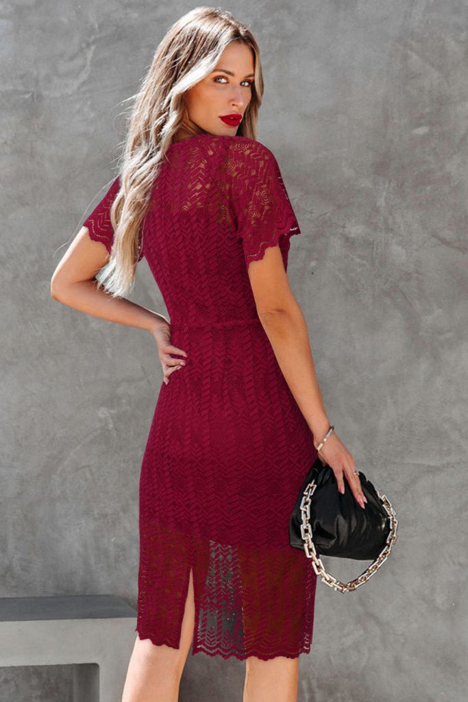 Women’s Crochet Round Neck Short Sleeves Lace Lined Midi Dress Semi-Sheer