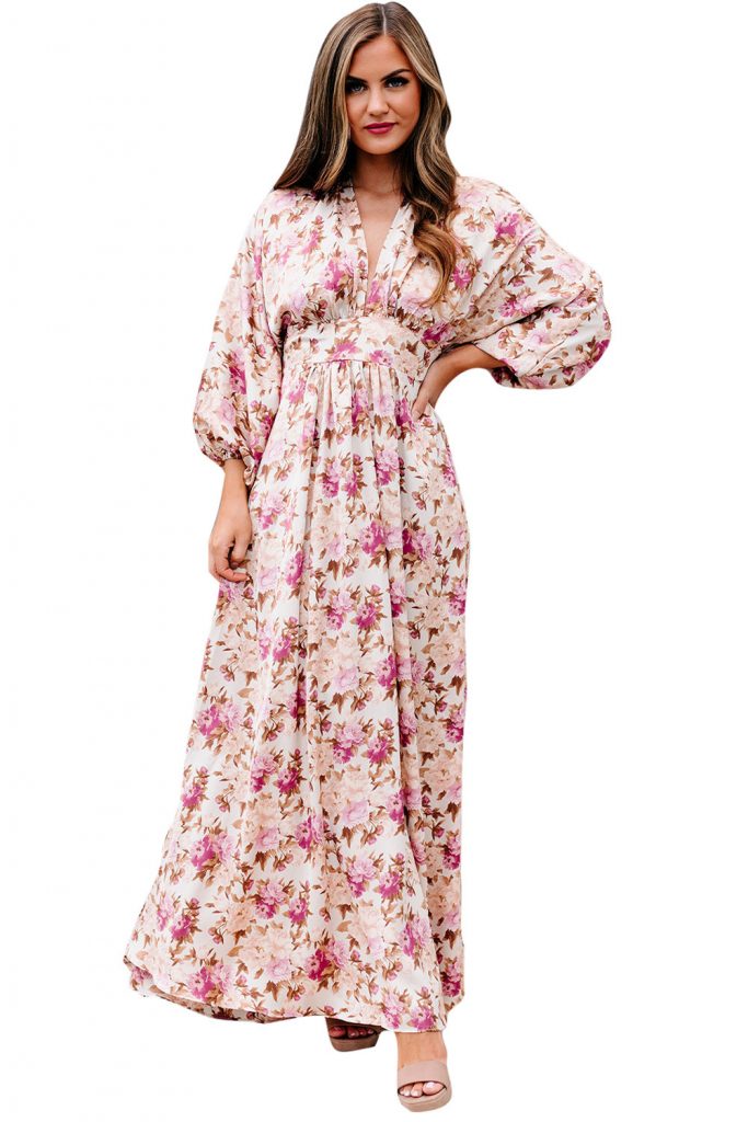 Deep V Neck Ruched High Waist Floral Maxi Dress