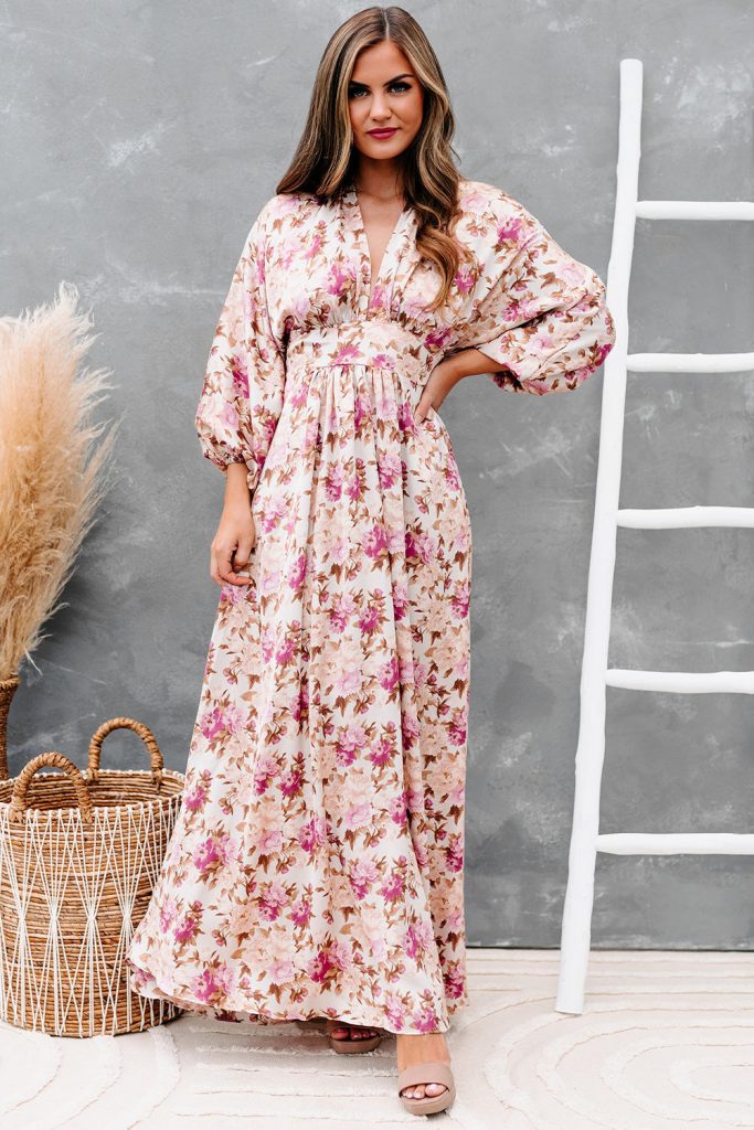 Deep V Neck Ruched High Waist Floral Maxi Dress