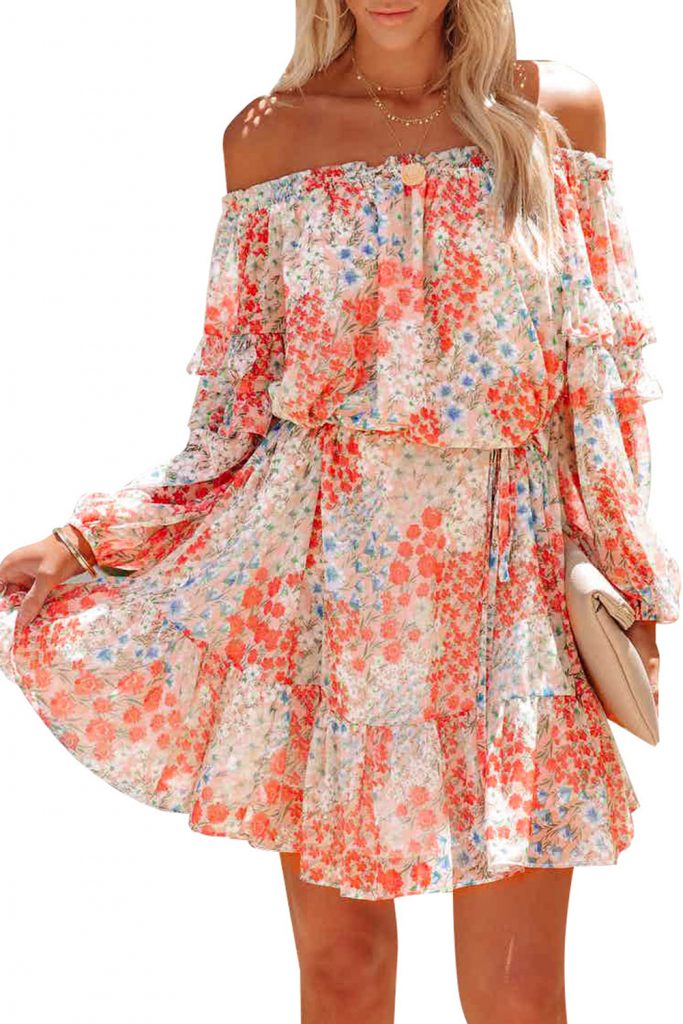 Floral Off The Shoulder Print Ruffled Dress With Tie