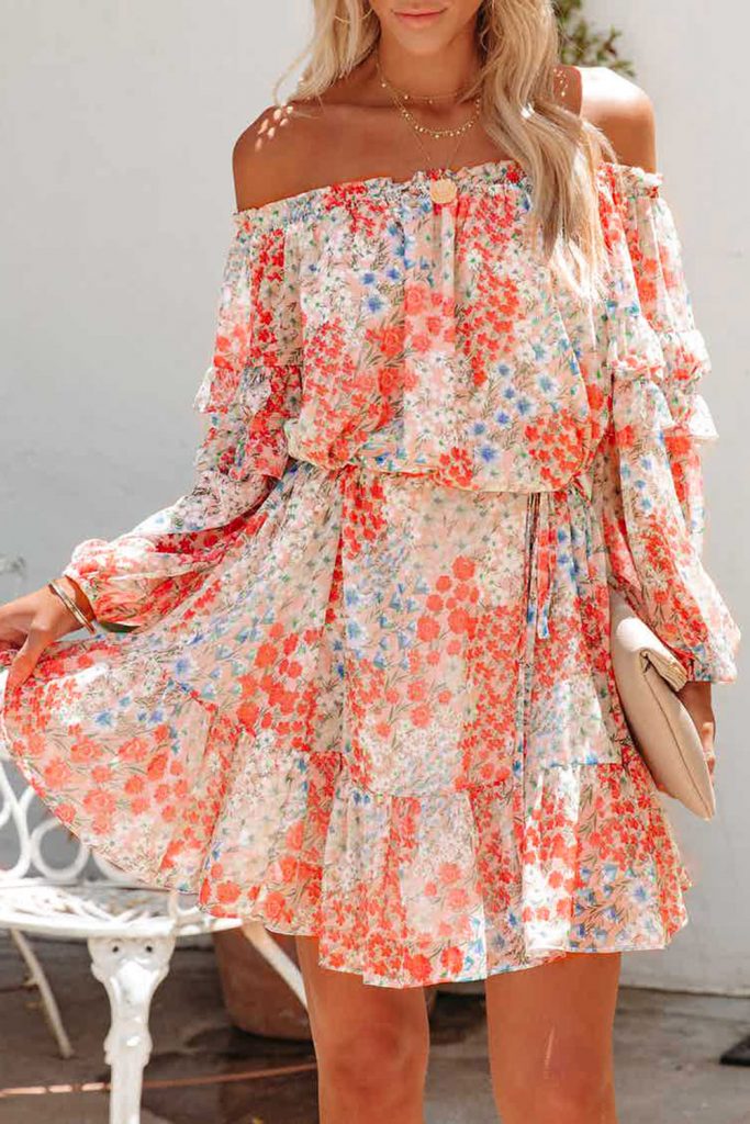 Floral Off The Shoulder Print Ruffled Dress With Tie