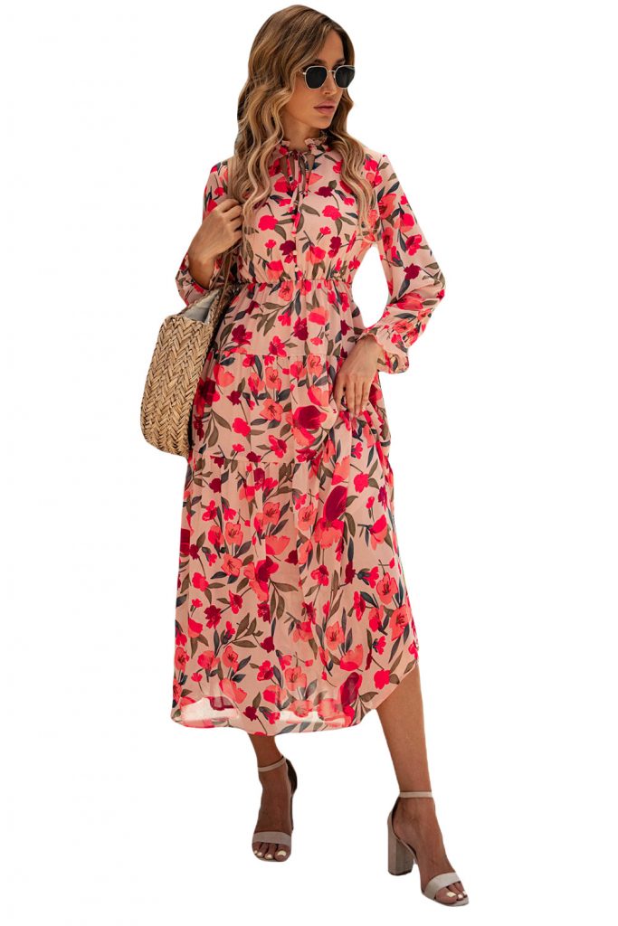 Frilled Collar Long Sleeve Tiered Maxi Floral Dress