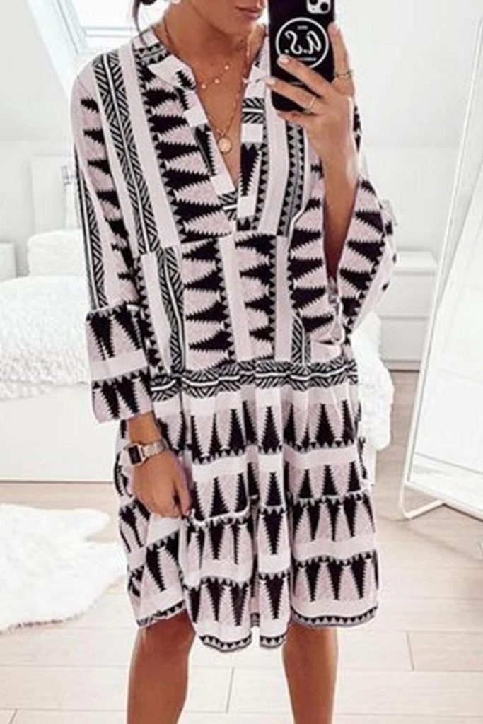 Geometric Print Print V Neck Ruffle Swing Midi Dress