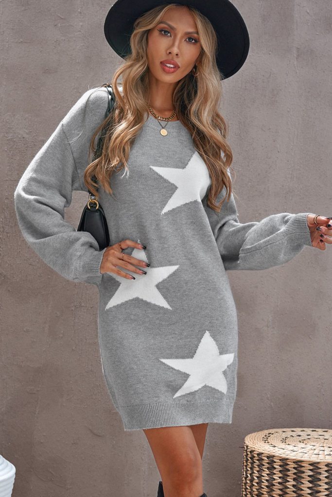 Gray Star Print Pullover Winter Sweater Dress