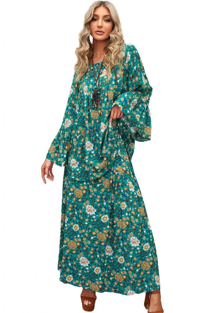 Green Boho Floral Bell Sleeve Top And Maxi Skirt Set