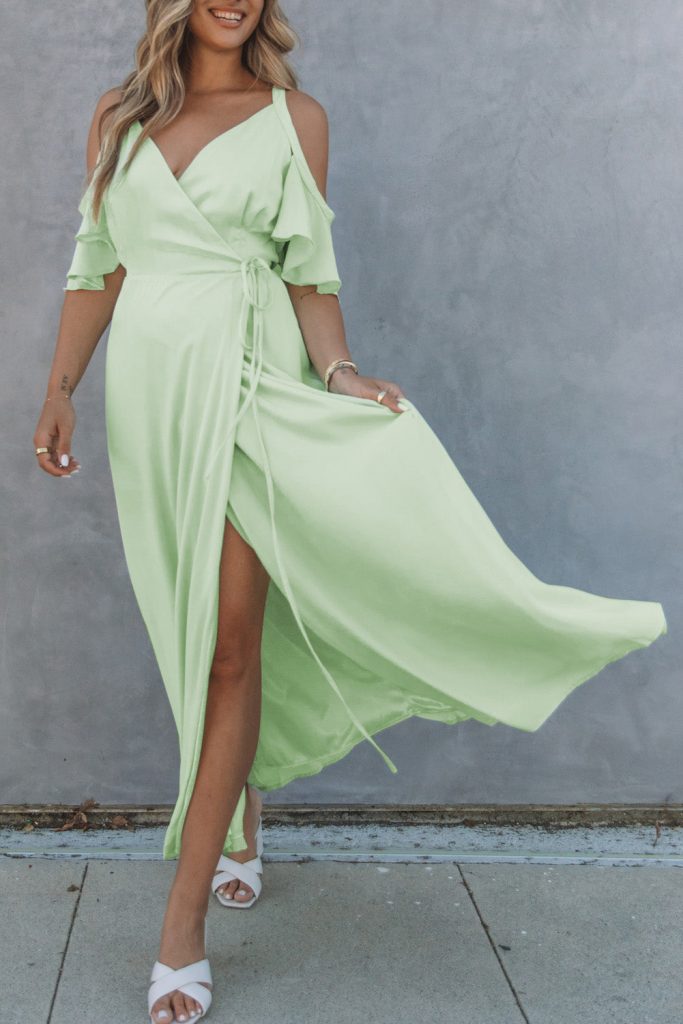 Green Cold Shoulder Flutter Sleeves Maxi Dress