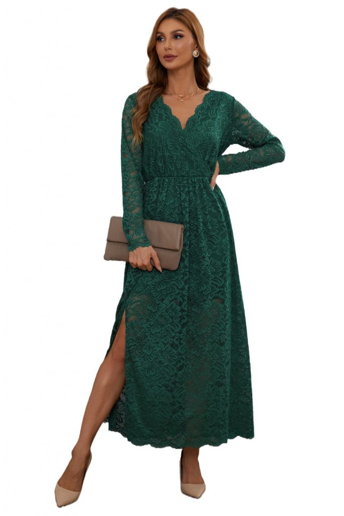 Green Deep V-Neck Long Sleeve V Neck Lace Women’s Maxi Dress With Split