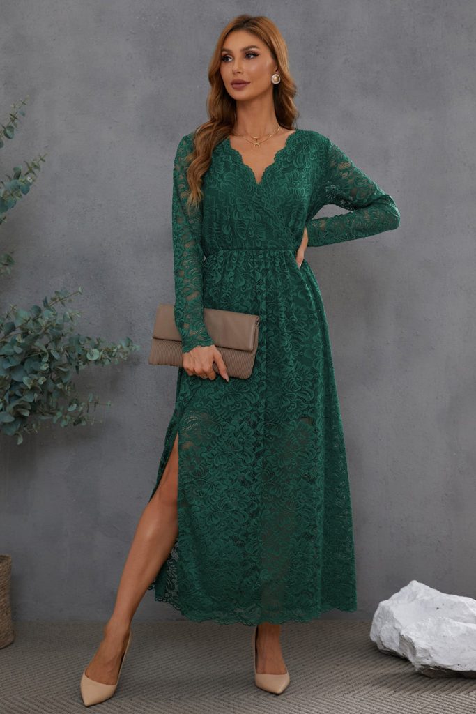 Green Deep V-Neck Long Sleeve V Neck Lace Women’s Maxi Dress With Split