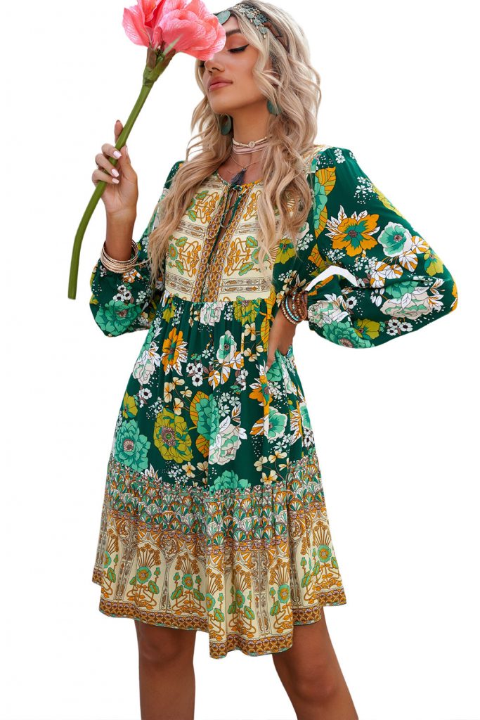 Green Floral Color Block Drawstring Long Sleeve Mid Dress