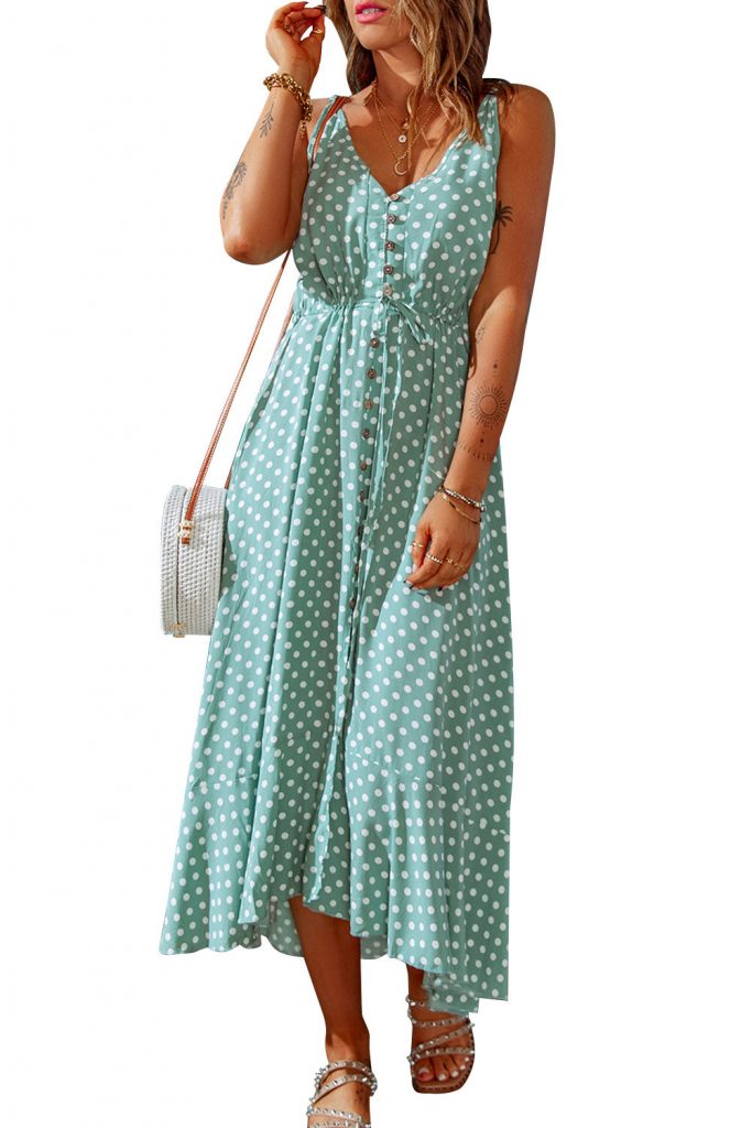 Green Polka Dot Print Split Buttoned V Neck Maxi Dress