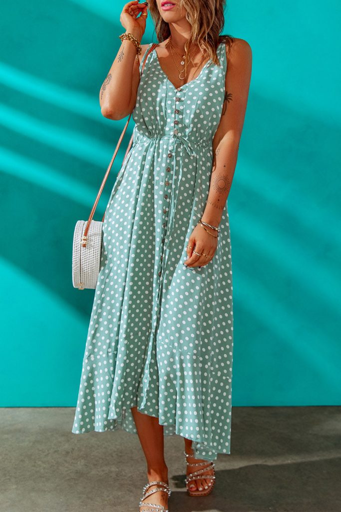 Green Polka Dot Print Split Buttoned V Neck Maxi Dress