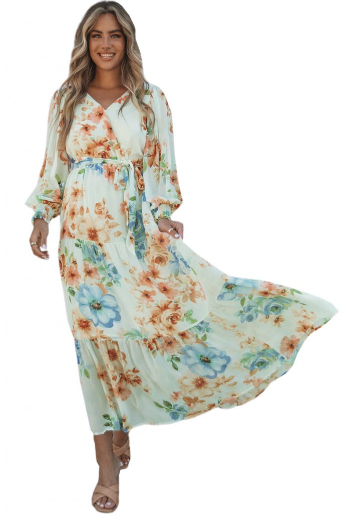 Women’s Green Puff Long  Sleeves V Neck Empire Waist Floral Print Maxi Dress