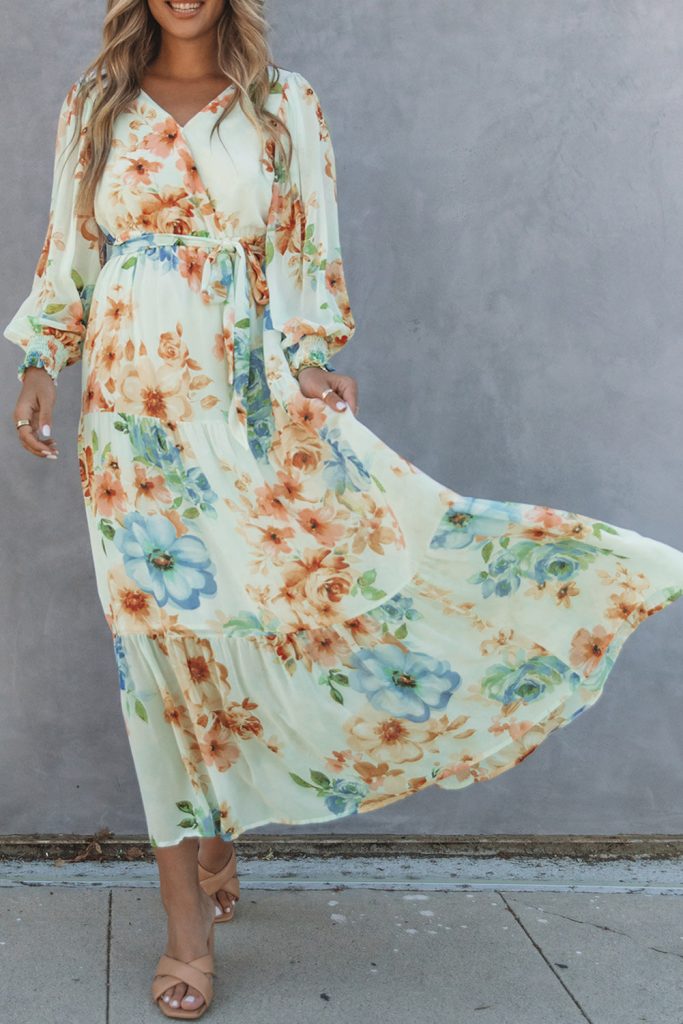 Women’s Green Puff Long  Sleeves V Neck Empire Waist Floral Print Maxi Dress