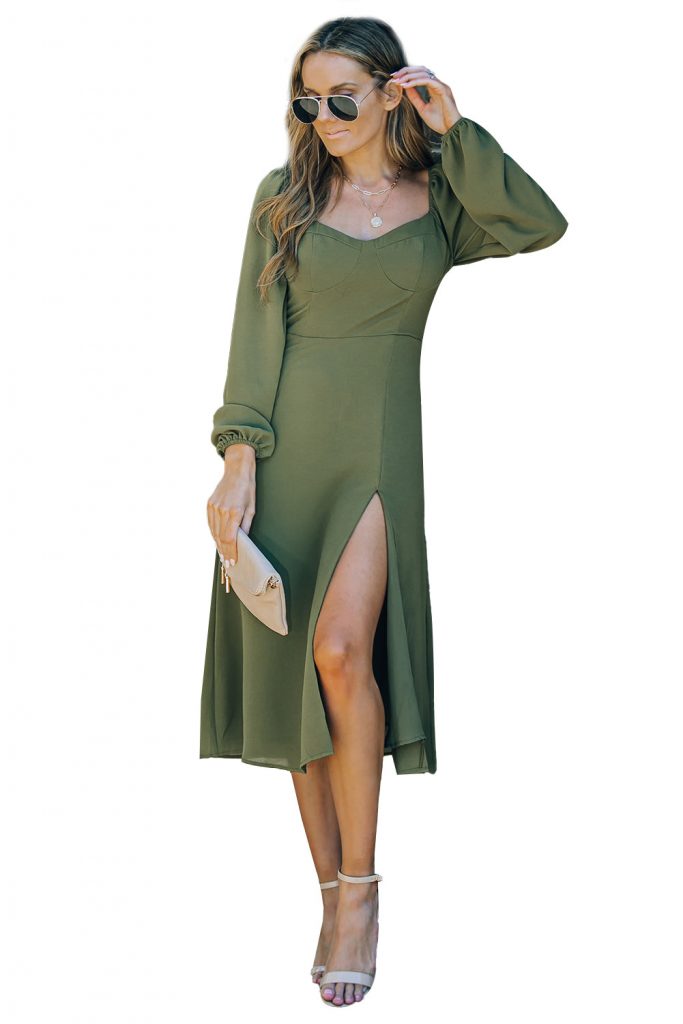 Green Square Neck Bishop Sleeves Shirred Midi Dress With Slit