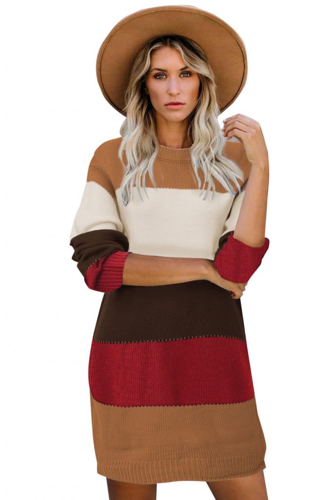 Khaki Color Block Winter Sweater Dress