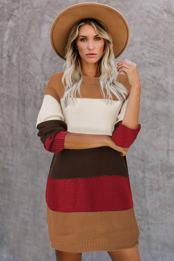 Khaki Color Block Winter Sweater Dress