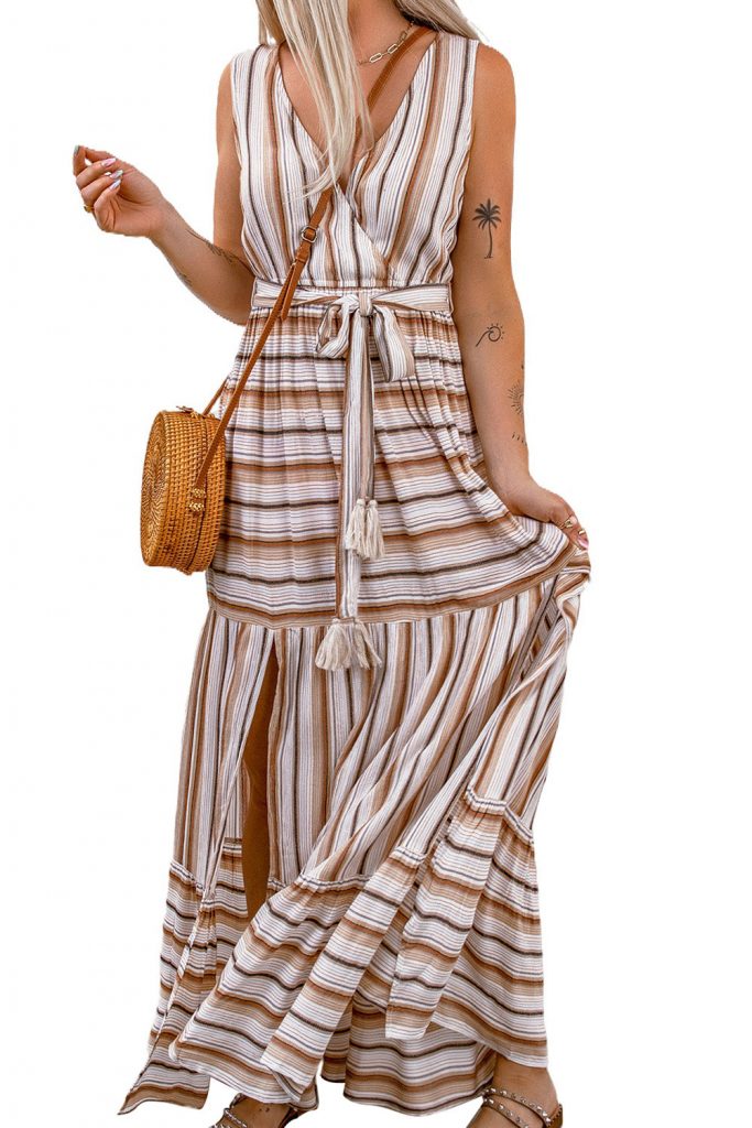 Women’s Casual Striped V Neck Sleeveless Tie Knot Maxi Dress With Tie