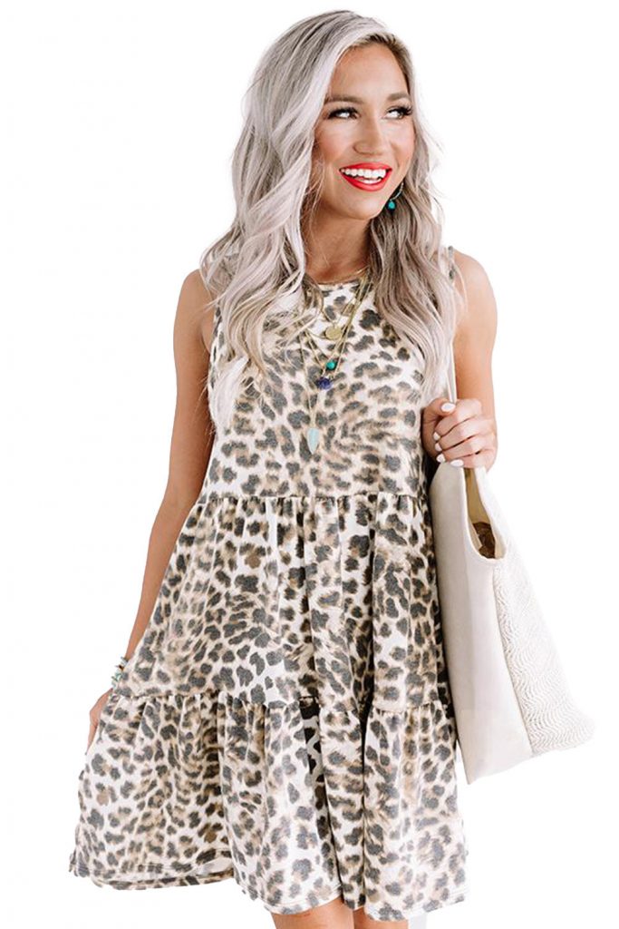 Leopard Print Layered Ruffled Sleeveless Mini Dress