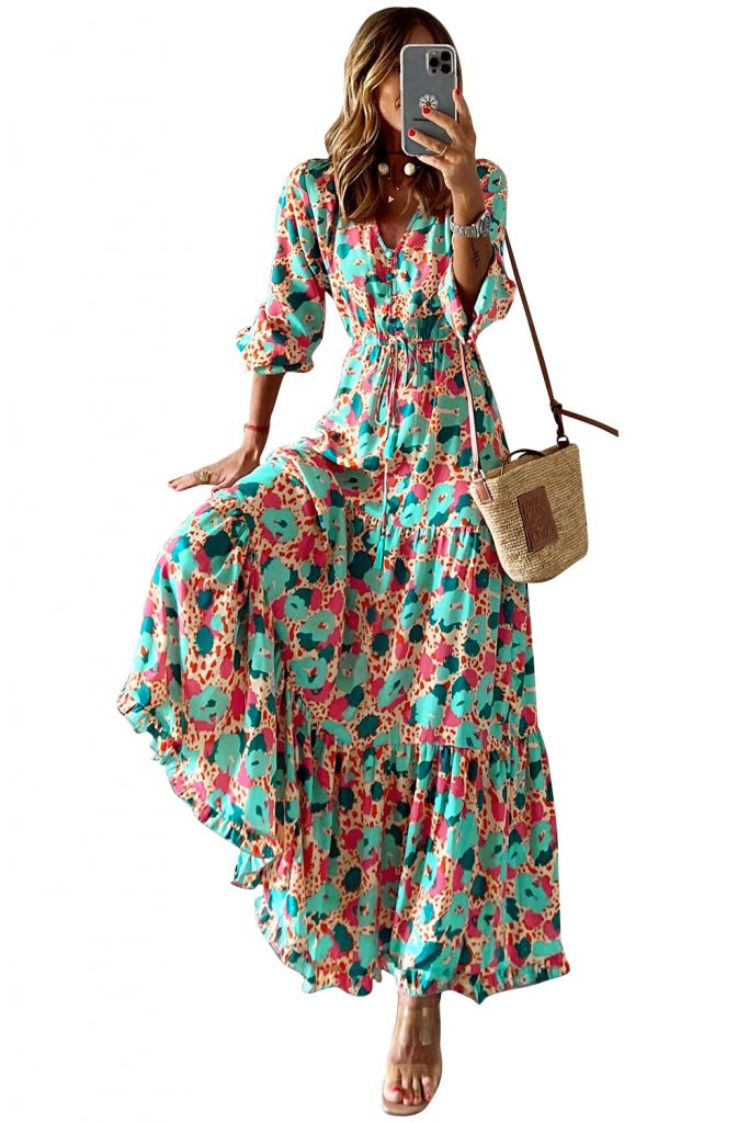 Multicolor Bohemia Print V Neck Ruffle Long Sleeve Maxi Dress