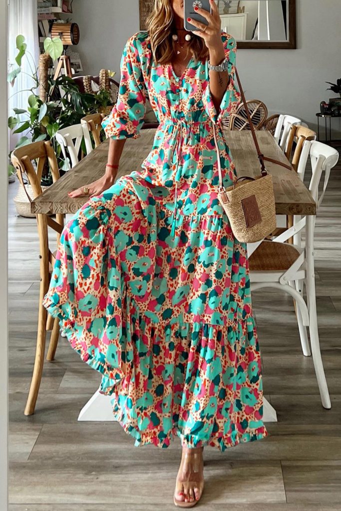 Multicolor Bohemia Print V Neck Ruffle Long Sleeve Maxi Dress