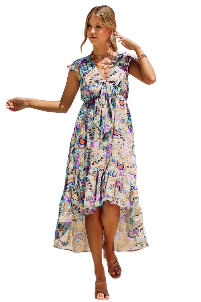 Multicolor Boho Floral Print Asymmetric Hem High Waist Long Dress