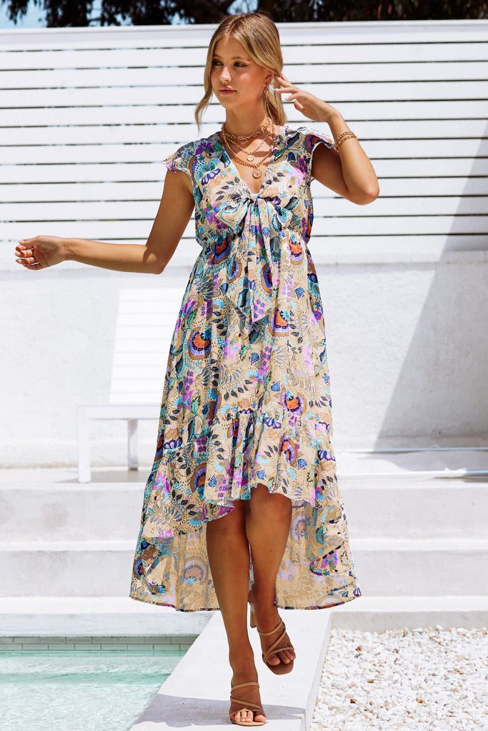 Multicolor Boho Floral Print Asymmetric Hem High Waist Long Dress