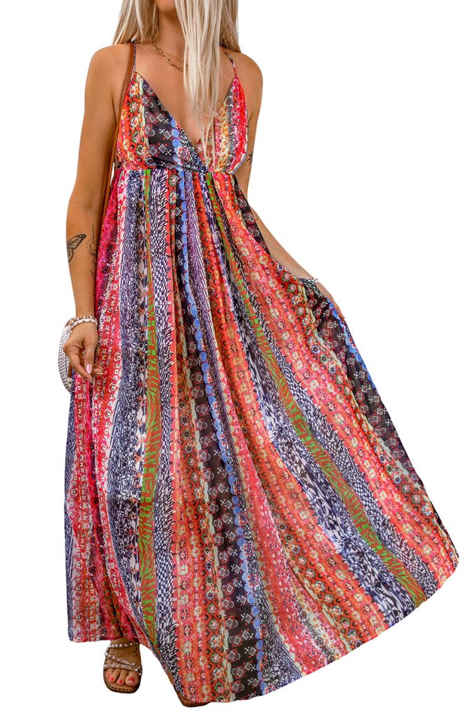 Women’s Sling V-Neck Backless Boho Pattern Print Maxi Dress Loose Fit Style