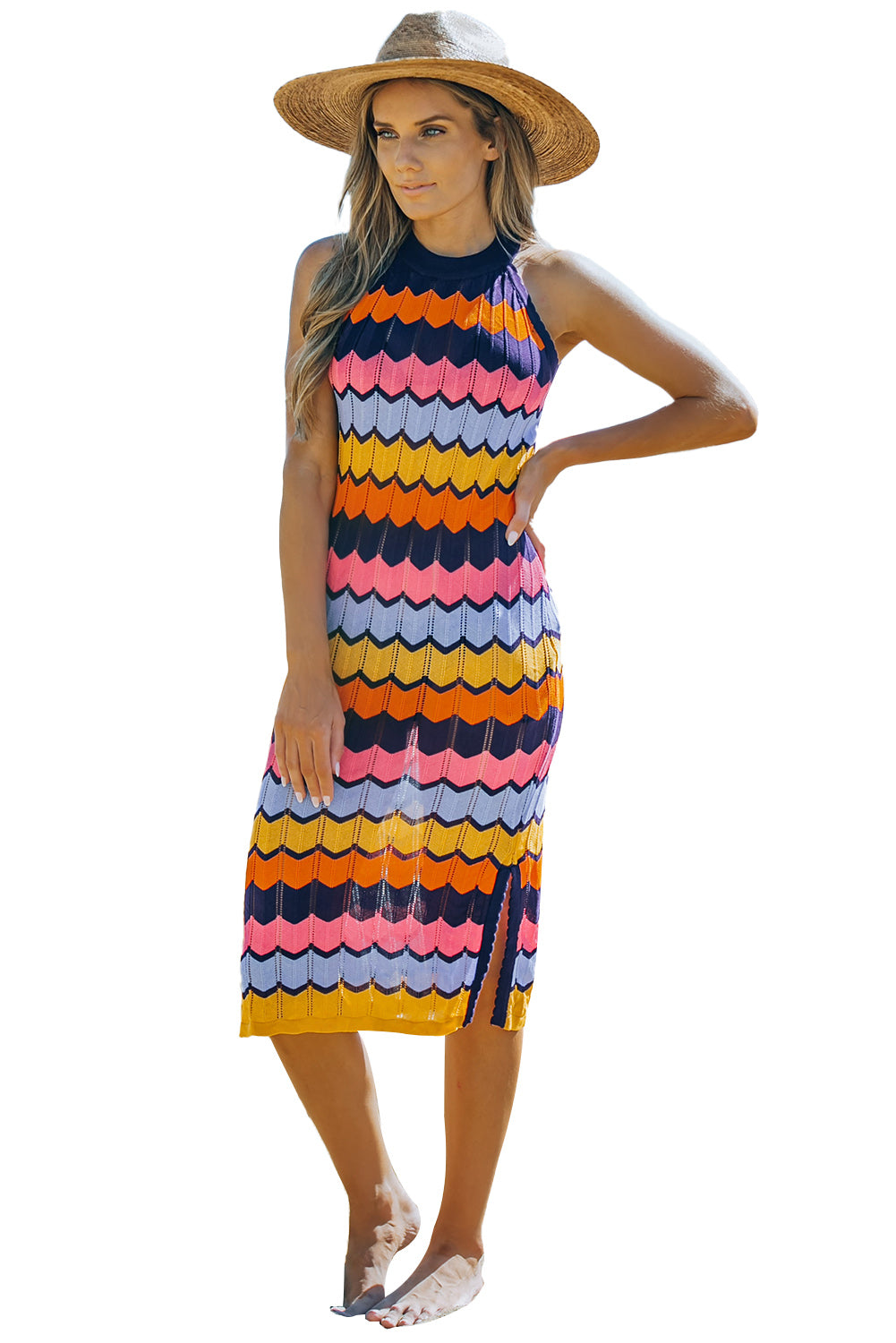 Multicolour Striped Knit Sleeveless Dress