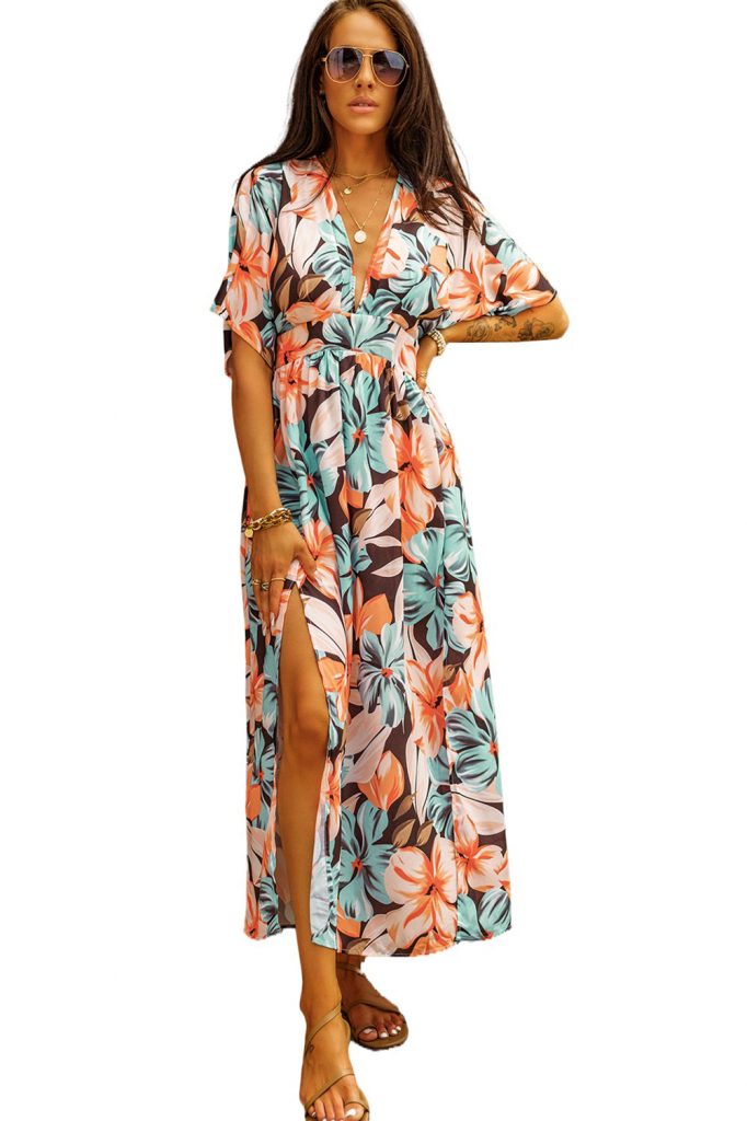 Orange Floral Kimono Long Dress With Slit