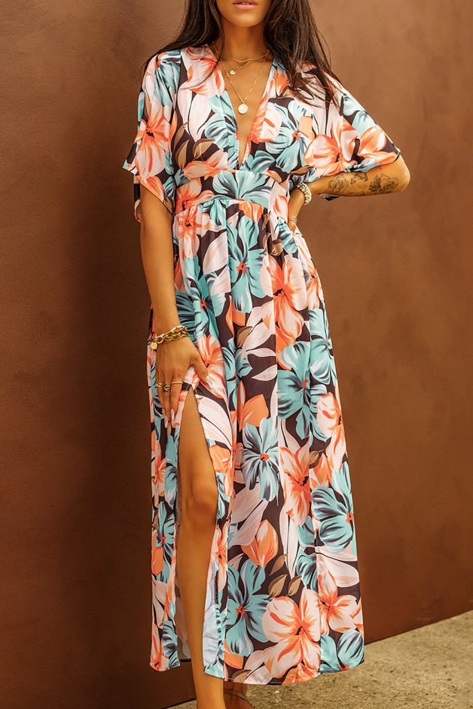 Orange Floral Kimono Long Dress With Slit