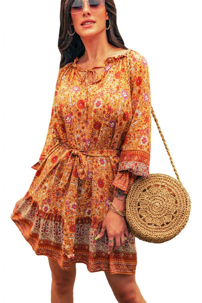 Orange Floral Print Drawstring Long Sleeve Mini Dress