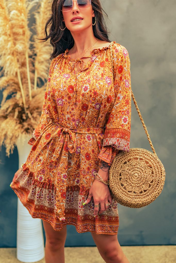 Orange Floral Print Drawstring Long Sleeve Mini Dress