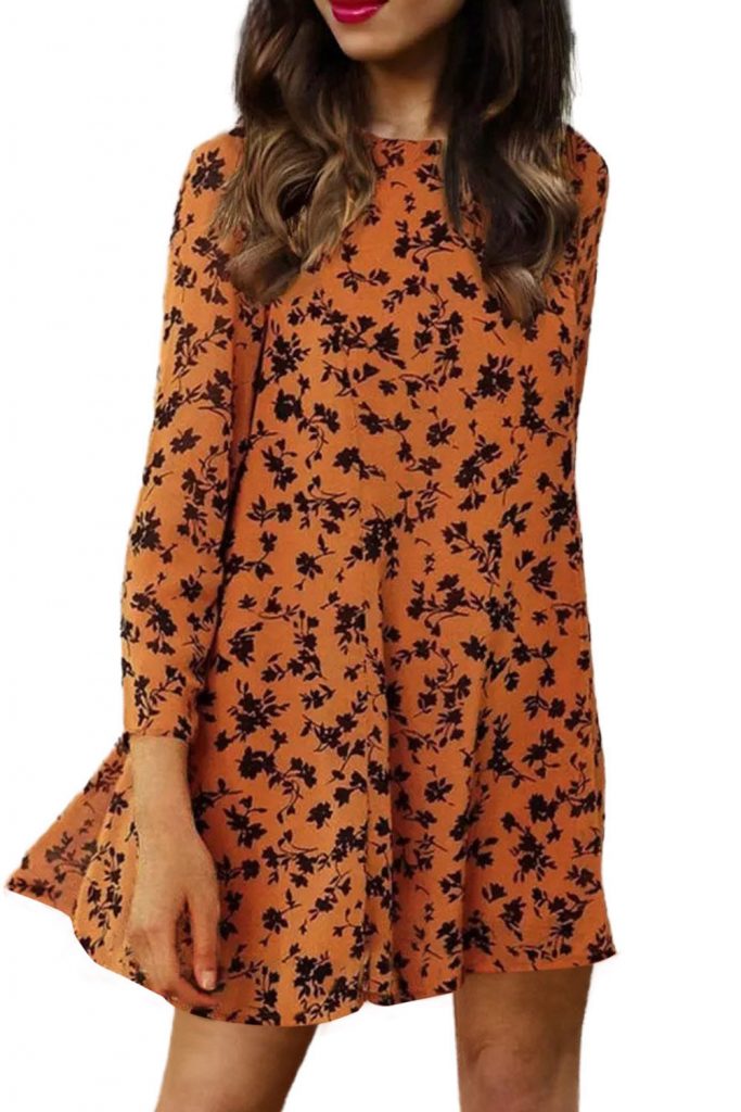 Orange Floral Print O-neck Long Sleeve Women’s Mini Dress