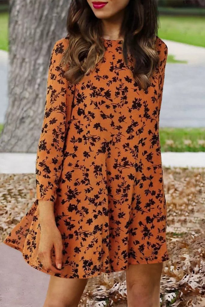 Orange Floral Print O-neck Long Sleeve Women’s Mini Dress