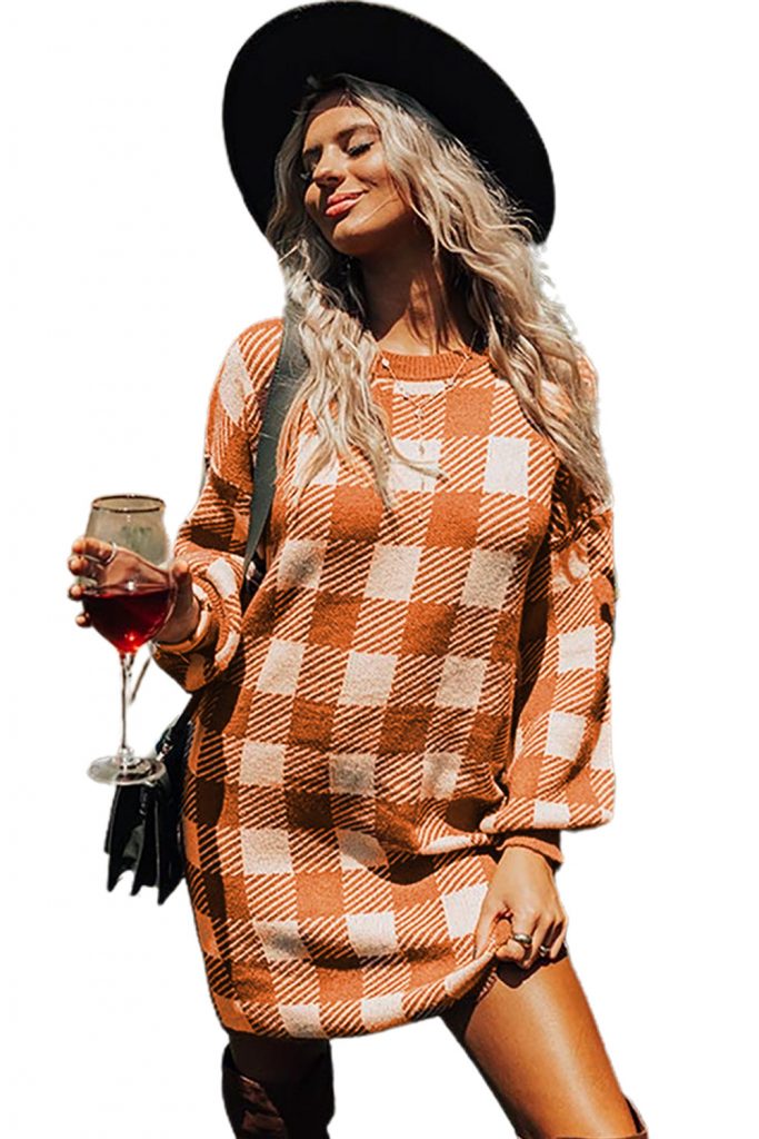 Orange Plaid Winter Sweater Dress