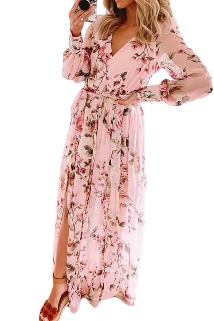 Pink Floral Long Sleeve Side Split High Waist Bohemia Maxi Dress