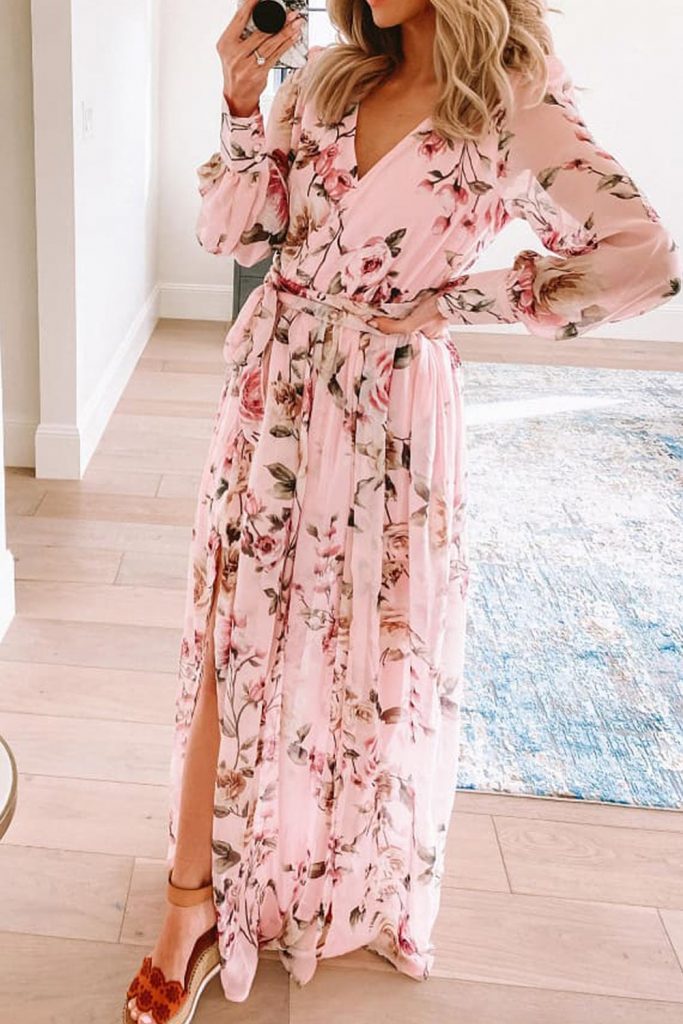 Pink Floral Long Sleeve Side Split High Waist Bohemia Maxi Dress