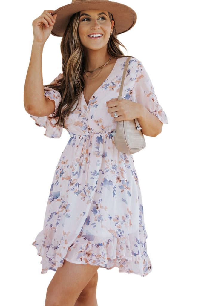 Pink Floral Print Flared Sleeve Ruffle Dress