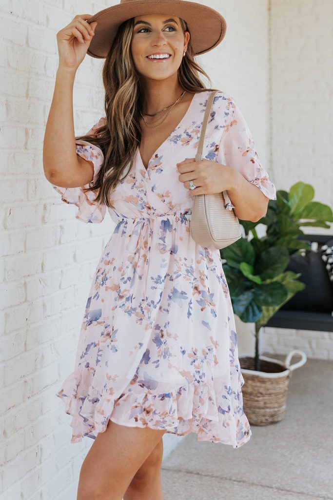 Pink Floral Print Flared Sleeve Ruffle Dress