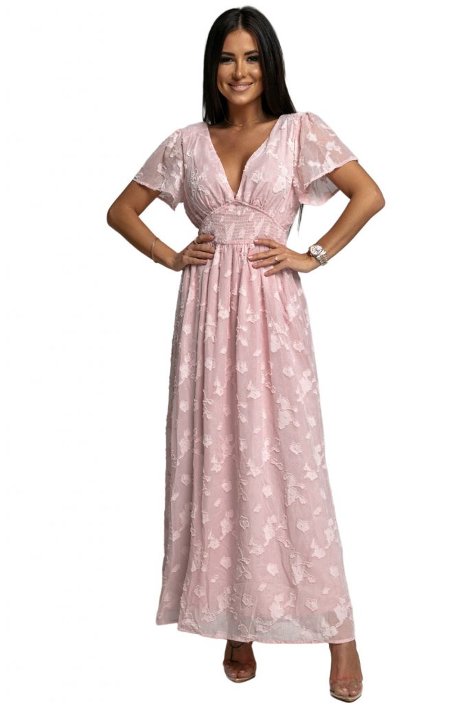 Pink Floral Textured V Neck Smocked Maxi Dress