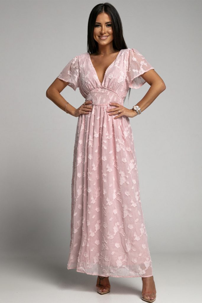 Pink Floral Textured V Neck Smocked Maxi Dress