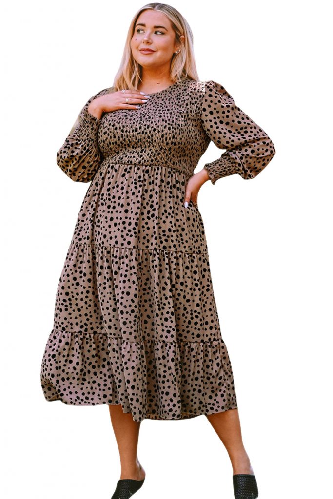 Plus Size Leopard Print Smocked Long Sleeve Women’s Tiered Maxi Dress