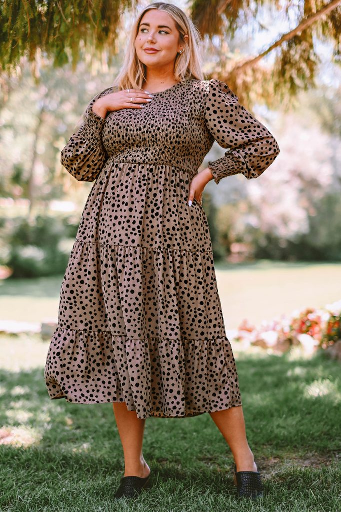 Plus Size Leopard Print Smocked Long Sleeve Women’s Tiered Maxi Dress