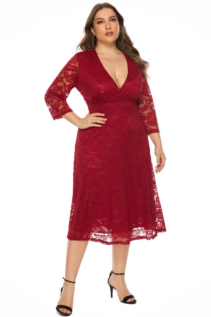 Plus Size Women’s Evening Dress Large Swing Midi Dress Hollow Red Lace Dress