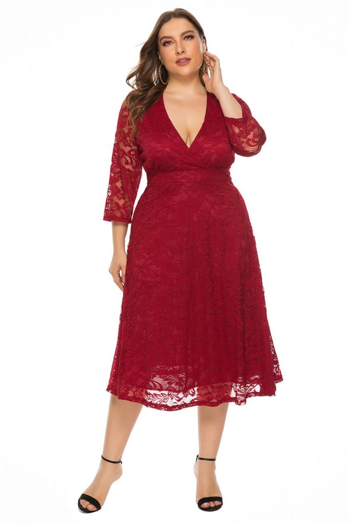 Plus Size Women’s Evening Dress Large Swing Midi Dress Hollow Red Lace Dress