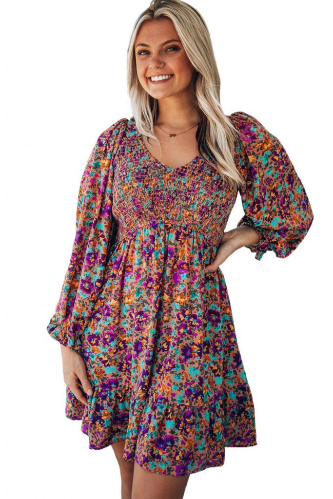 Purple Smocked V Neck Puffy Sleeve Floral Dress