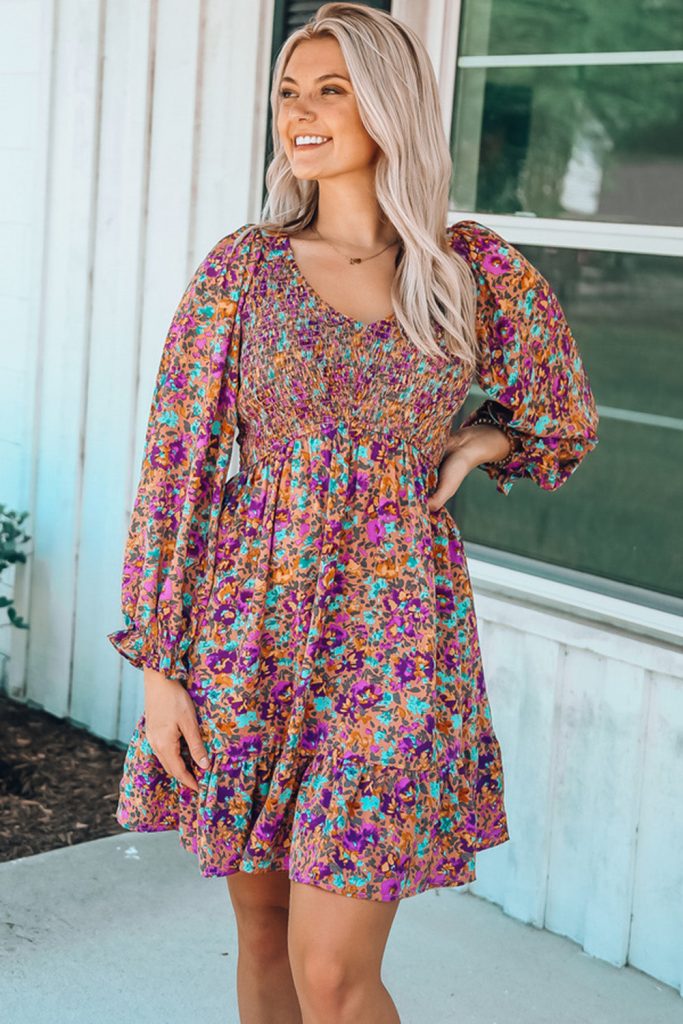 Purple Smocked V Neck Puffy Sleeve Floral Dress