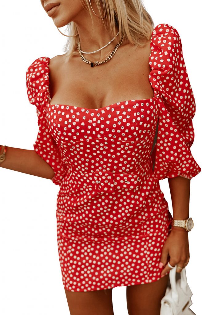 Red Daisy Print Square Neck Puff Sleeve Mini Dress